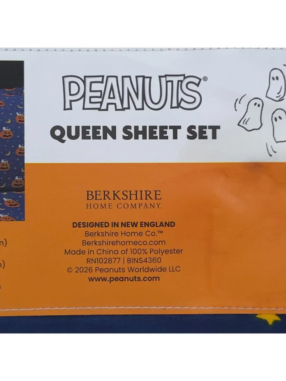 Peanuts Queen Sheet Set Snoopy Halloween By Berkshire Navy w/ Orange Pumpkins